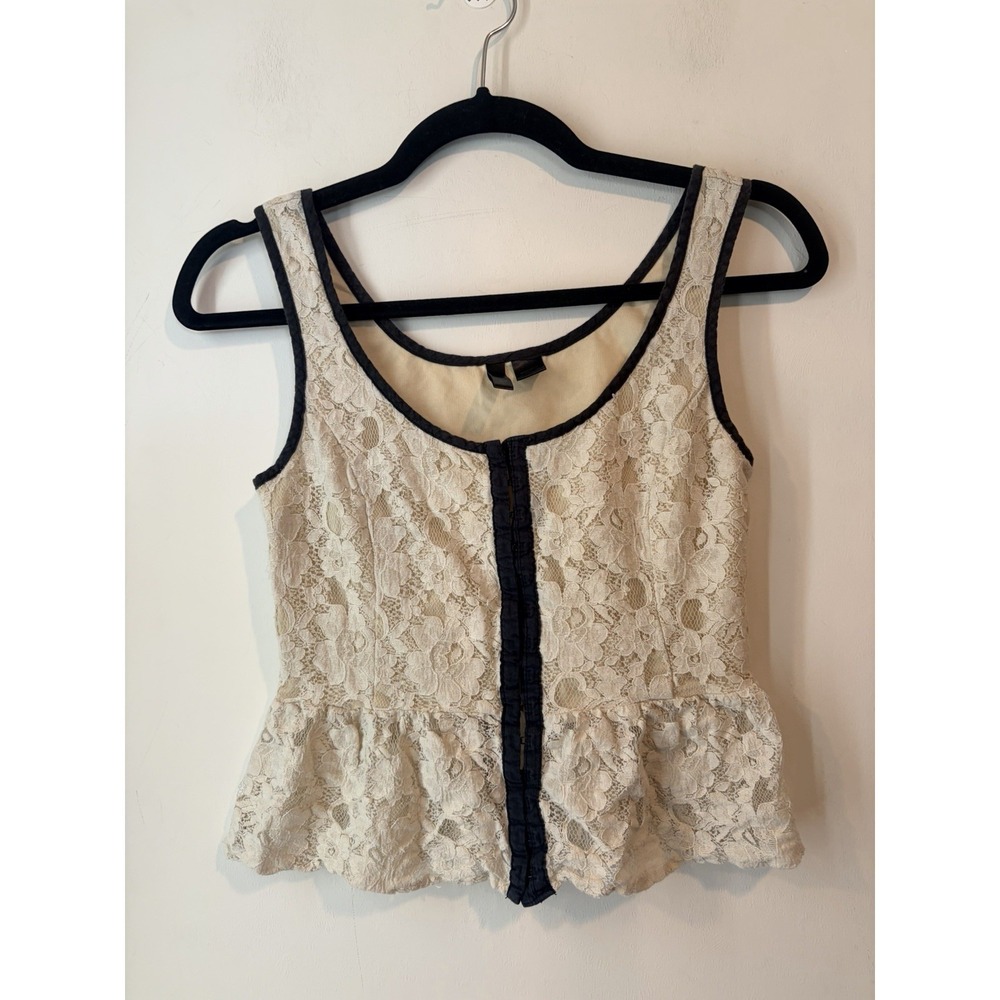 Full Tilt Lace Peplum Tank Top Womens Small Ivory Black Sleeveless Y2K Coquette